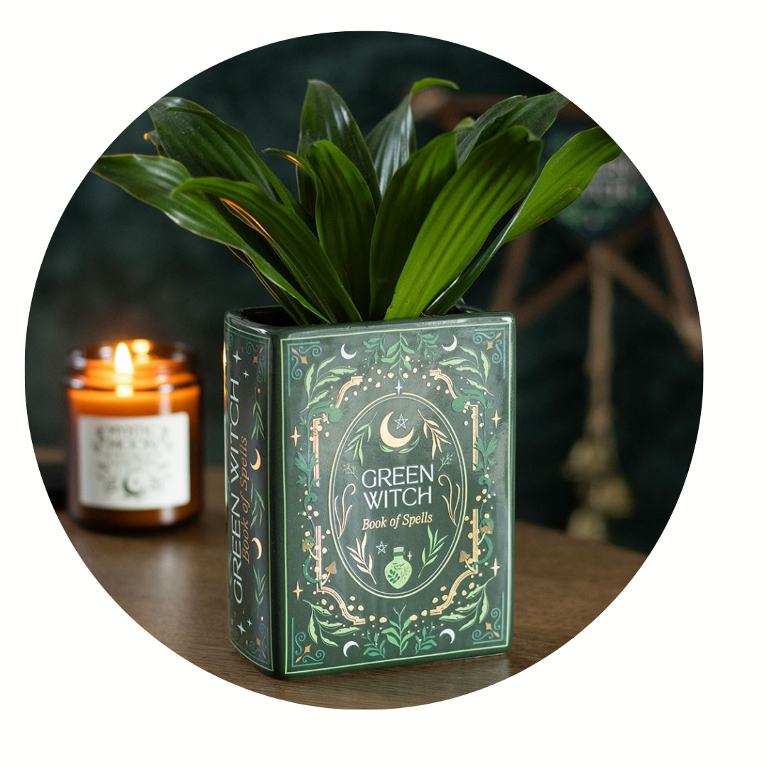 Green Witch Book Shaped Vase
