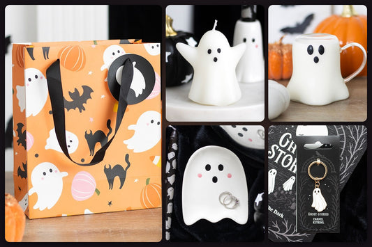 Boo Basket – Halloween Cadeauset 5-delig | Spooky Giftset met Spookkaars, Glazen Spookmok, Sieradenschaaltje & Sleutelhanger, incl. Cadeautasje